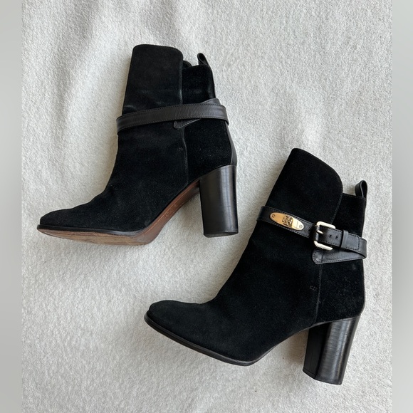 Tory Burch Shoes - Tory Burch Robynne Black Suede Heel Boots‎ with Gold Buckle Size 8 M